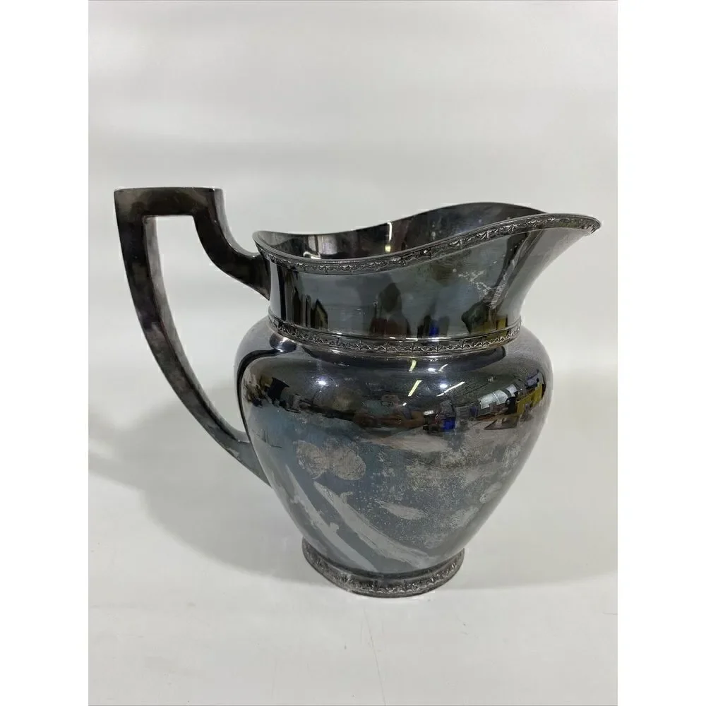 Antique H.S. Co Silverplate Water Pitcher Art Deco 7.75” X 9.5” Geometric Handle